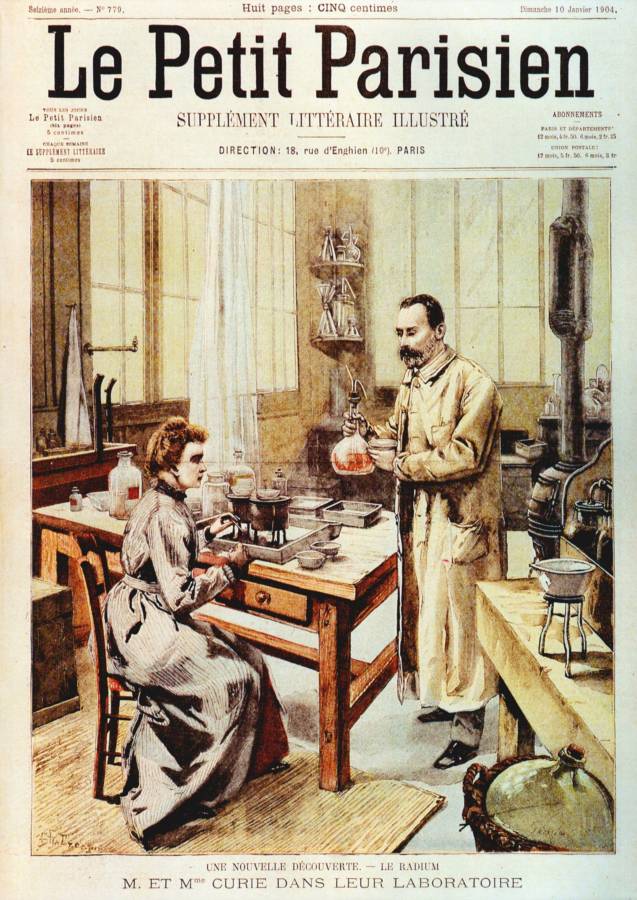 1904 10 janvier Le Petit Parisien M et Mme Curie dans leur laboratoire.jpg